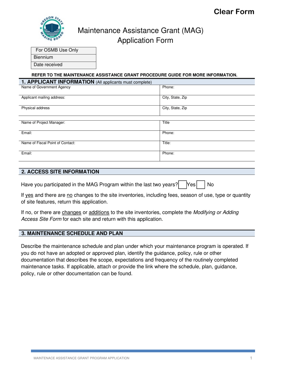 Maintenance Assistance Grant (Mag) Application Form - Oregon, Page 1