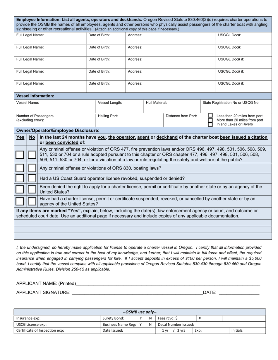 Charter Vessel License Application - Oregon, Page 3
