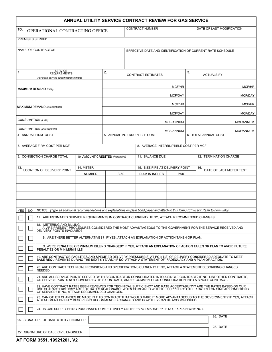 AF Form 3551 Annual Utility Service Contract Review for Gas Service, Page 1