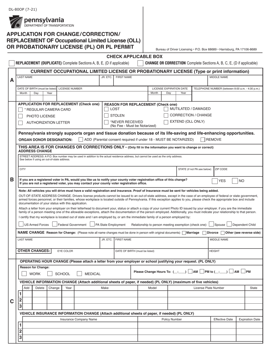 Form DL-80OP Application for Change / Correction / Replacement of Occupational Limited License (Oll) or Probationary License (Pl) or Pl Permit - Pennsylvania, Page 1