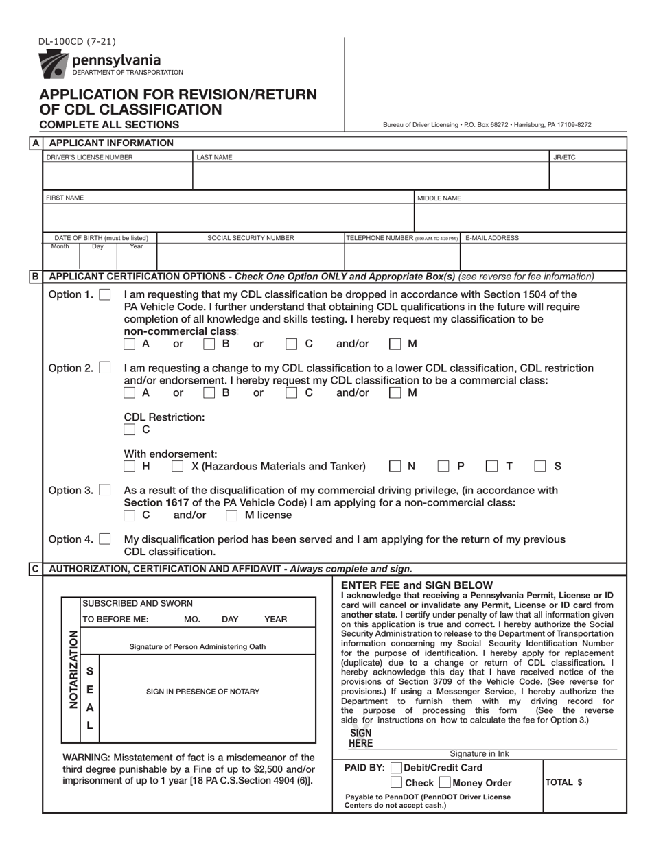 Form DL-100CD Application for Revision / Return of Cdl Classification - Pennsylvania, Page 1
