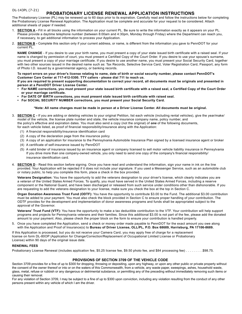 Form DL-143PL Probationary License (Pl) Renewal Application - Pennsylvania, Page 2