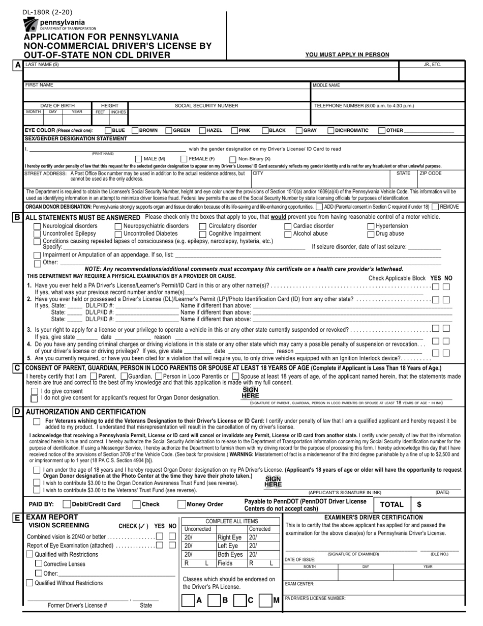 Form Dl 180r Download Fillable Pdf Or Fill Online Application For Pennsylvania Non Commercial Driver S License By Out Of State Non Cdl Driver Pennsylvania Templateroller