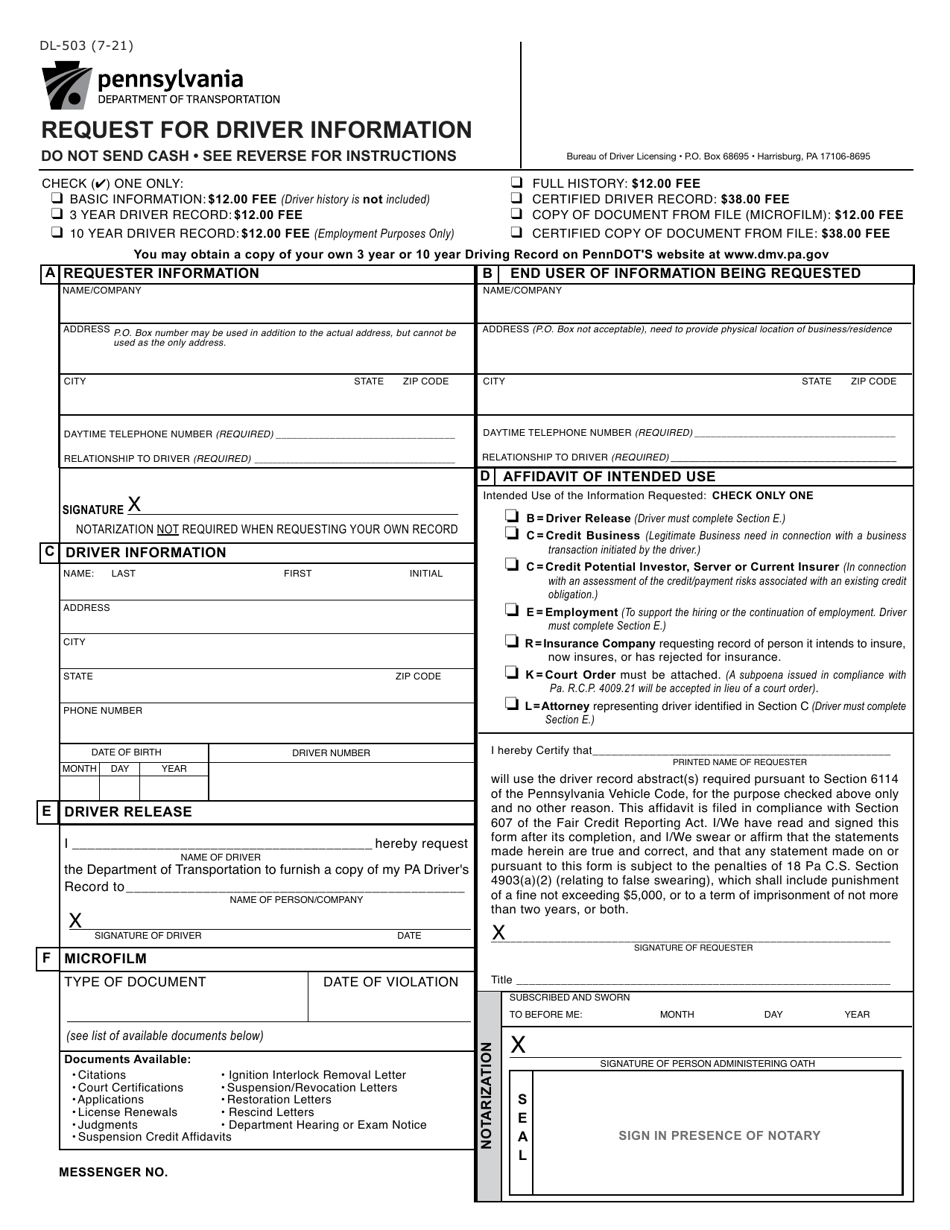 Form DL-503 Request for Driver Information - Pennsylvania, Page 1