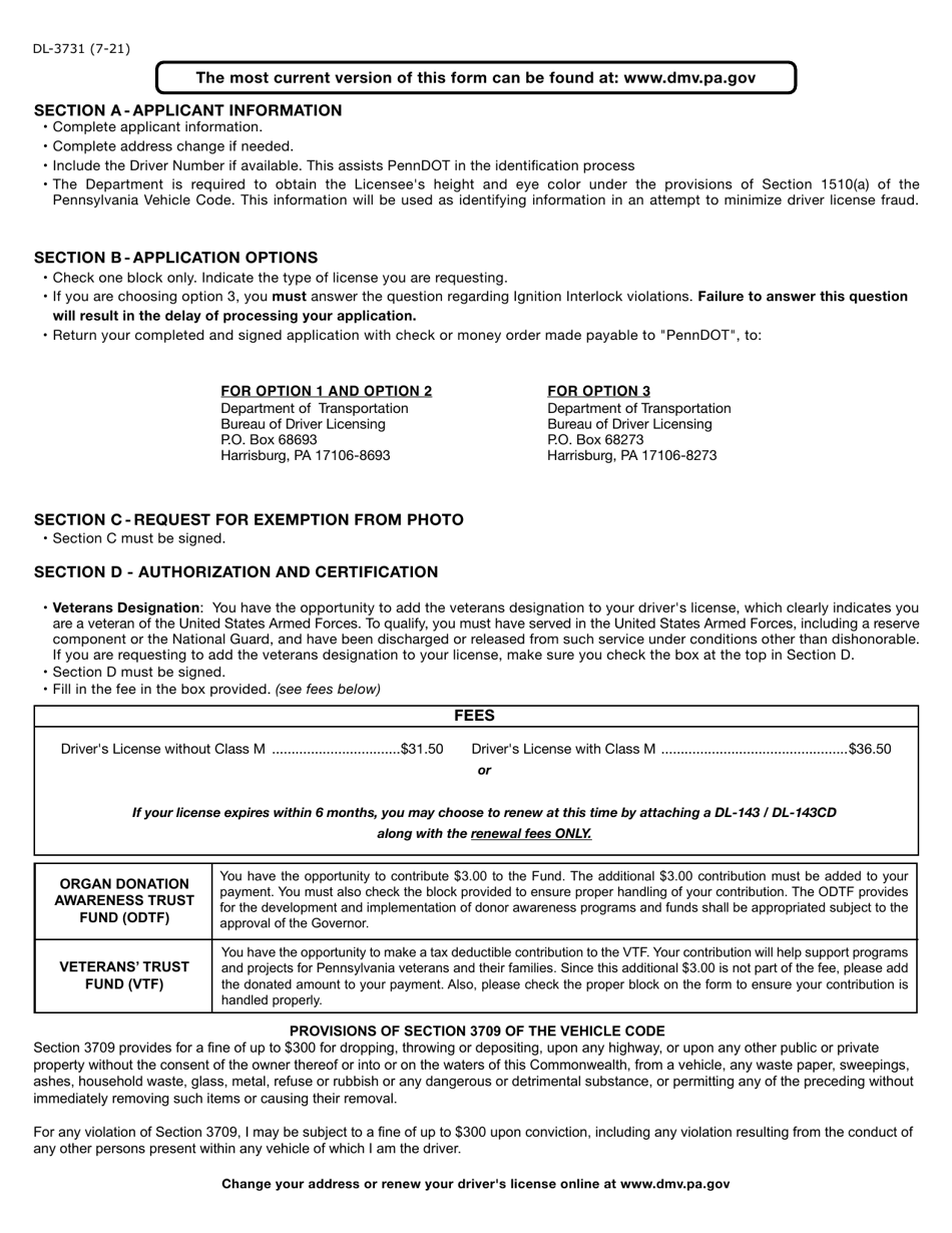 Form DL3731 Fill Out, Sign Online and Download Fillable PDF