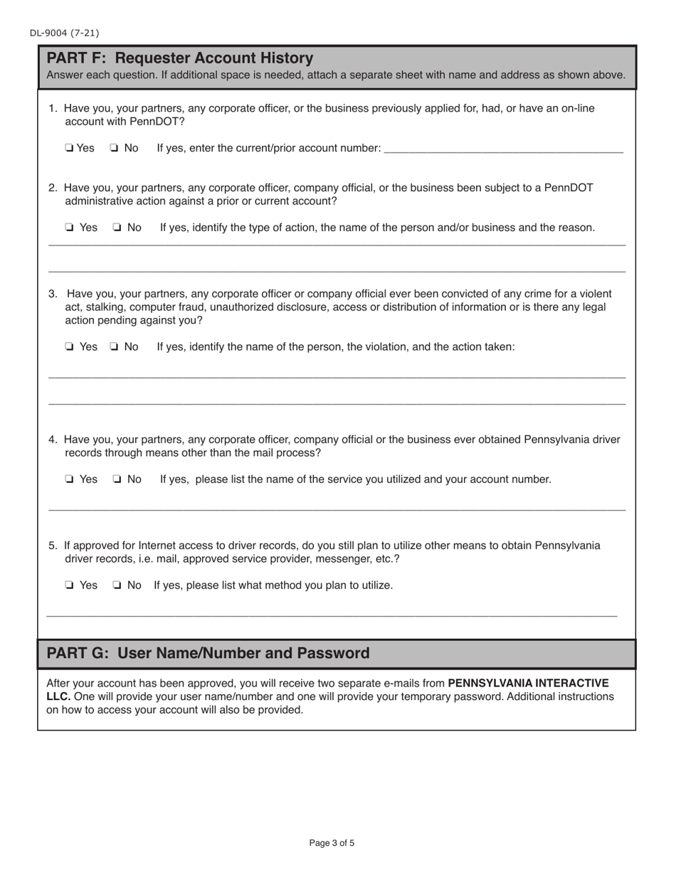 Form DL-9004 Internet User Application / Licensing Agreement for Employers of Commercial Drivers - Pennsylvania, Page 3