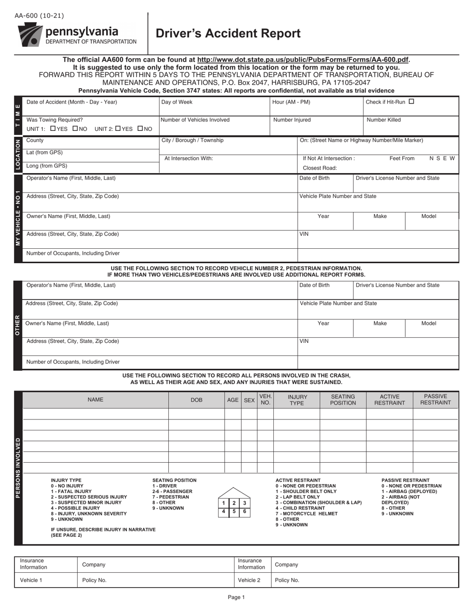 Form AA-600 Drivers Accident Report - Pennsylvania, Page 1