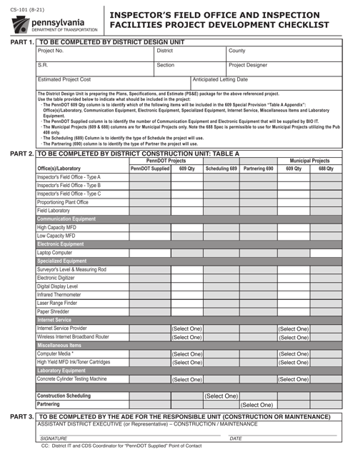 Form CS-101 Inspector's Field Office and Inspection Facilities Project Development Checklist - Pennsylvania