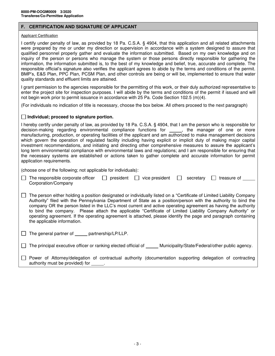 Form 8000-PM-OOGM0009 Transferee / Co-permittee Application for an Erosion and Sediment Control General Permit (Escgp) for Earth Disturbance Associated With Oil and Gas Exploration, Production, Processing, or Treatment Operations or Transmission Facilities - Pennsylvania, Page 3