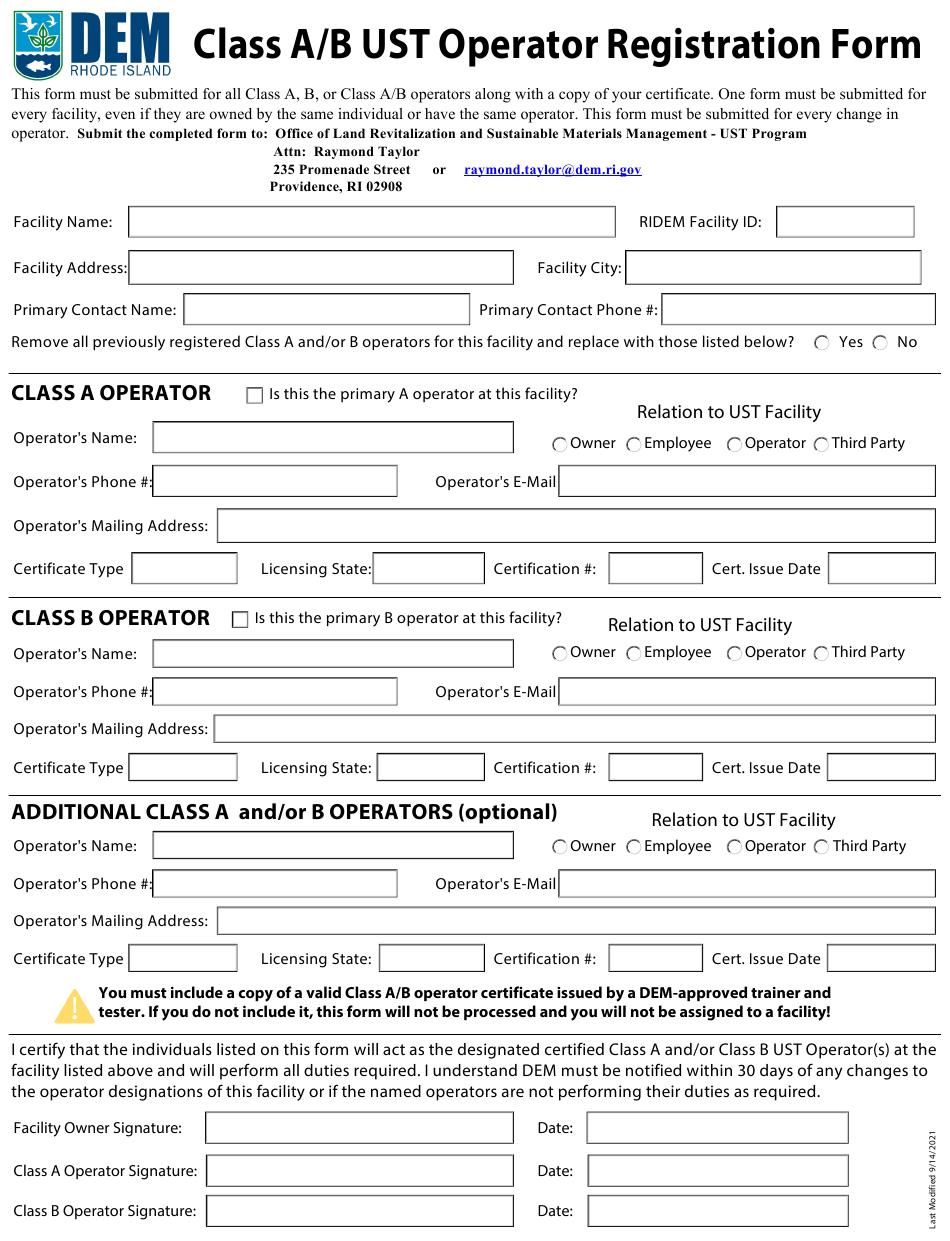 Rhode Island Class A/B Ust Operator Registration Form Download Fillable ...