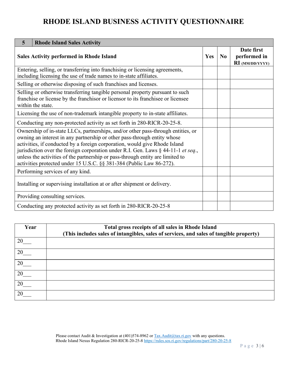 Rhode Island Business Activity Questionnaire - Rhode Island, Page 3