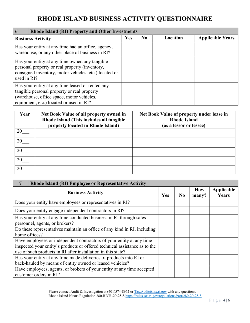 Rhode Island Business Activity Questionnaire - Rhode Island, Page 4