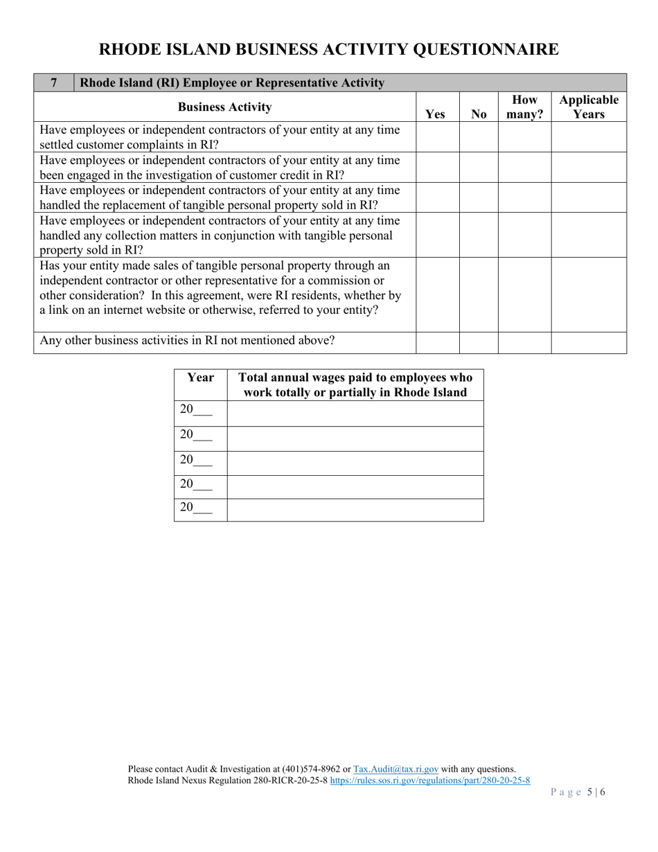 Rhode Island Business Activity Questionnaire - Rhode Island, Page 5