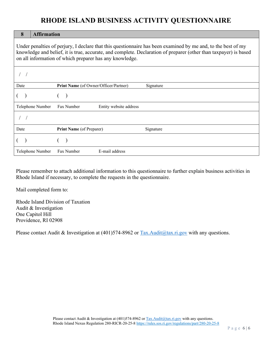 Rhode Island Business Activity Questionnaire - Rhode Island, Page 6
