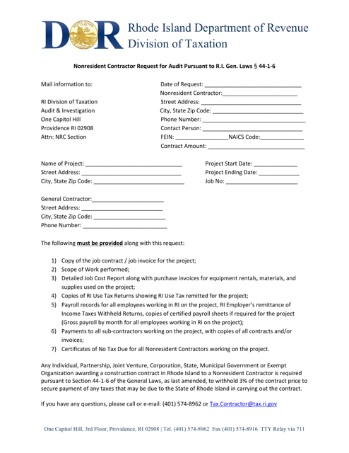 Nonresident Contractor Request for Audit Pursuant to R.i. Gen. Laws 44-1-6 - Rhode Island Download Pdf