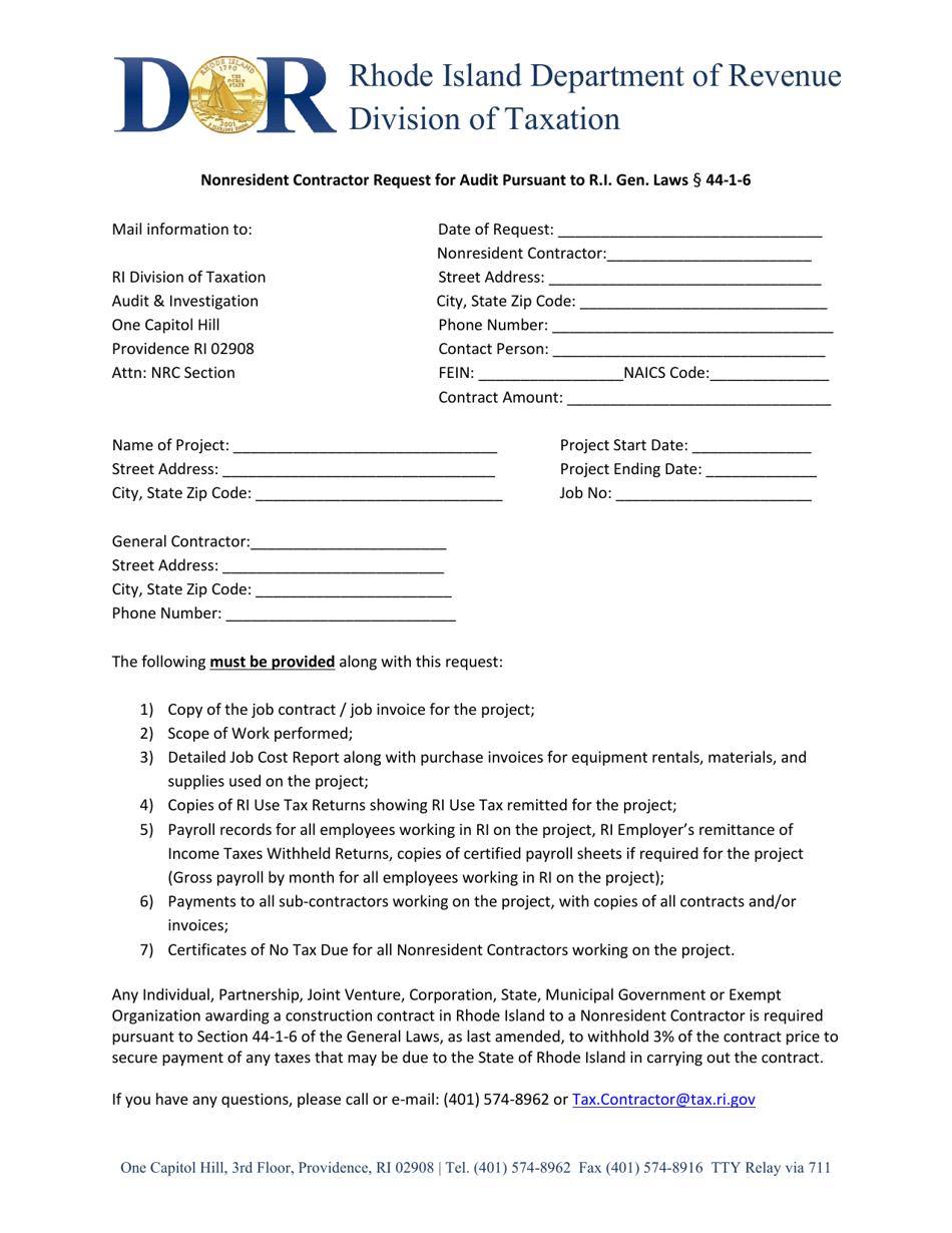 Rhode Island Nonresident Contractor Request for Audit Pursuant to R.i