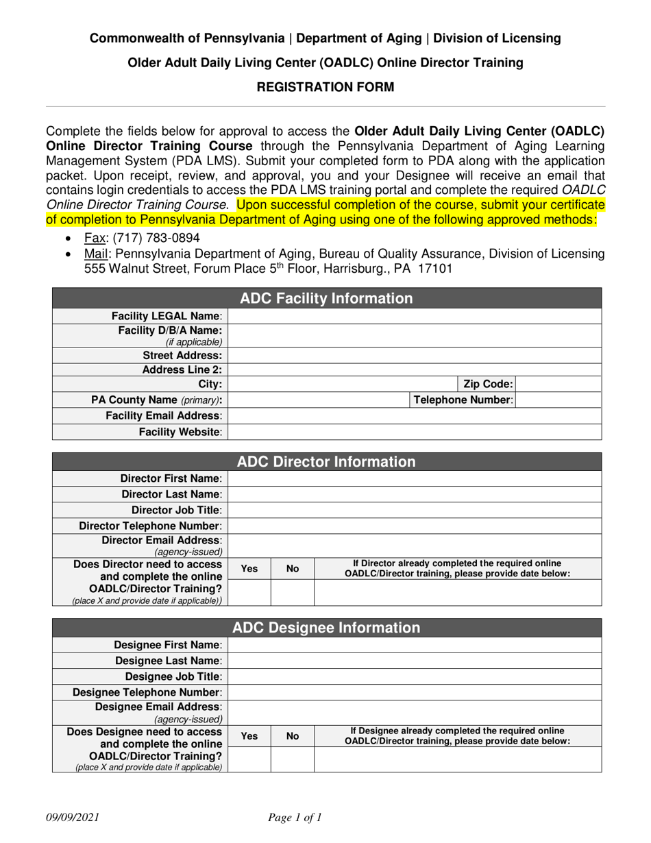 Registration Form for Older Adult Daily Living Center (Oadlc) Online Director Training - Pennsylvania, Page 1