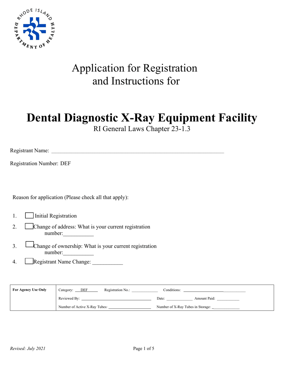 Application for Registration for Dental Diagnostic X-Ray Equipment Facility - Rhode Island, Page 1
