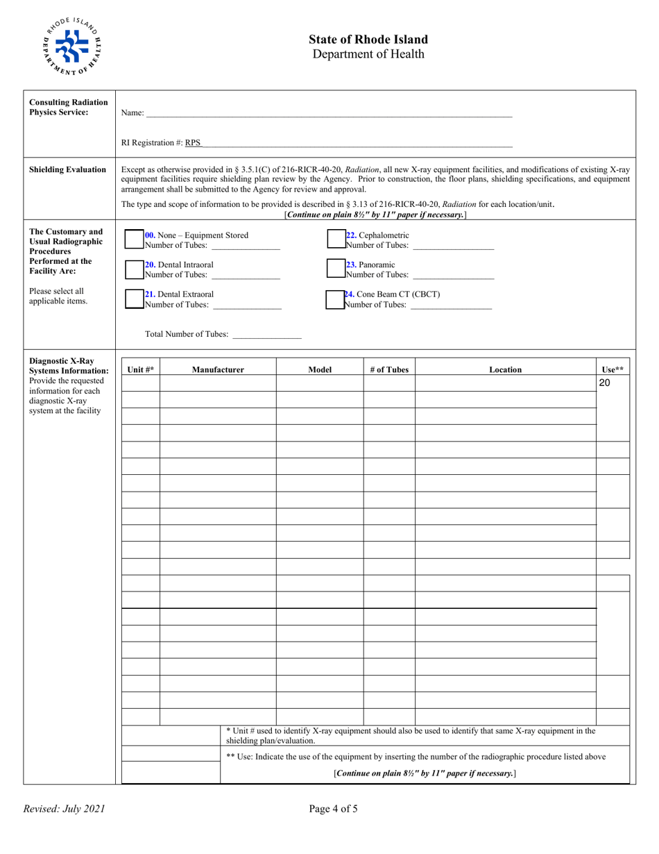 Application for Registration for Dental Diagnostic X-Ray Equipment Facility - Rhode Island, Page 4