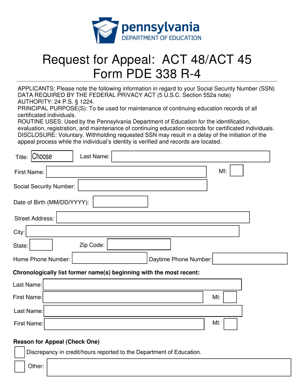 Form PDE338 R-4 Request for Appeal: Act 48 / Act 45 - Pennsylvania, Page 2