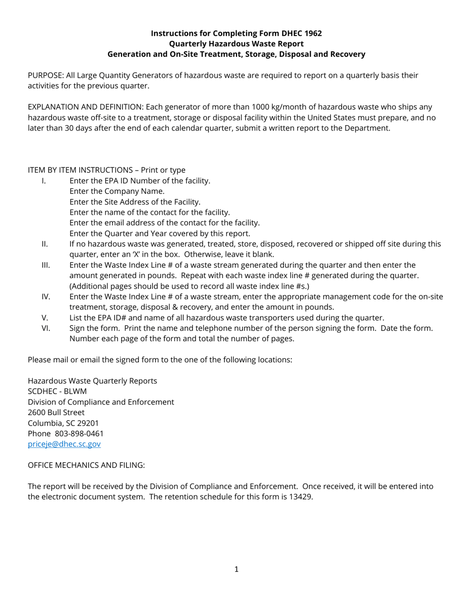DHEC Form 1962 Quarterly Hazardous Waste Report Generation and on-Site Treatment, Storage, Disposal, and Recovery - South Carolina, Page 2