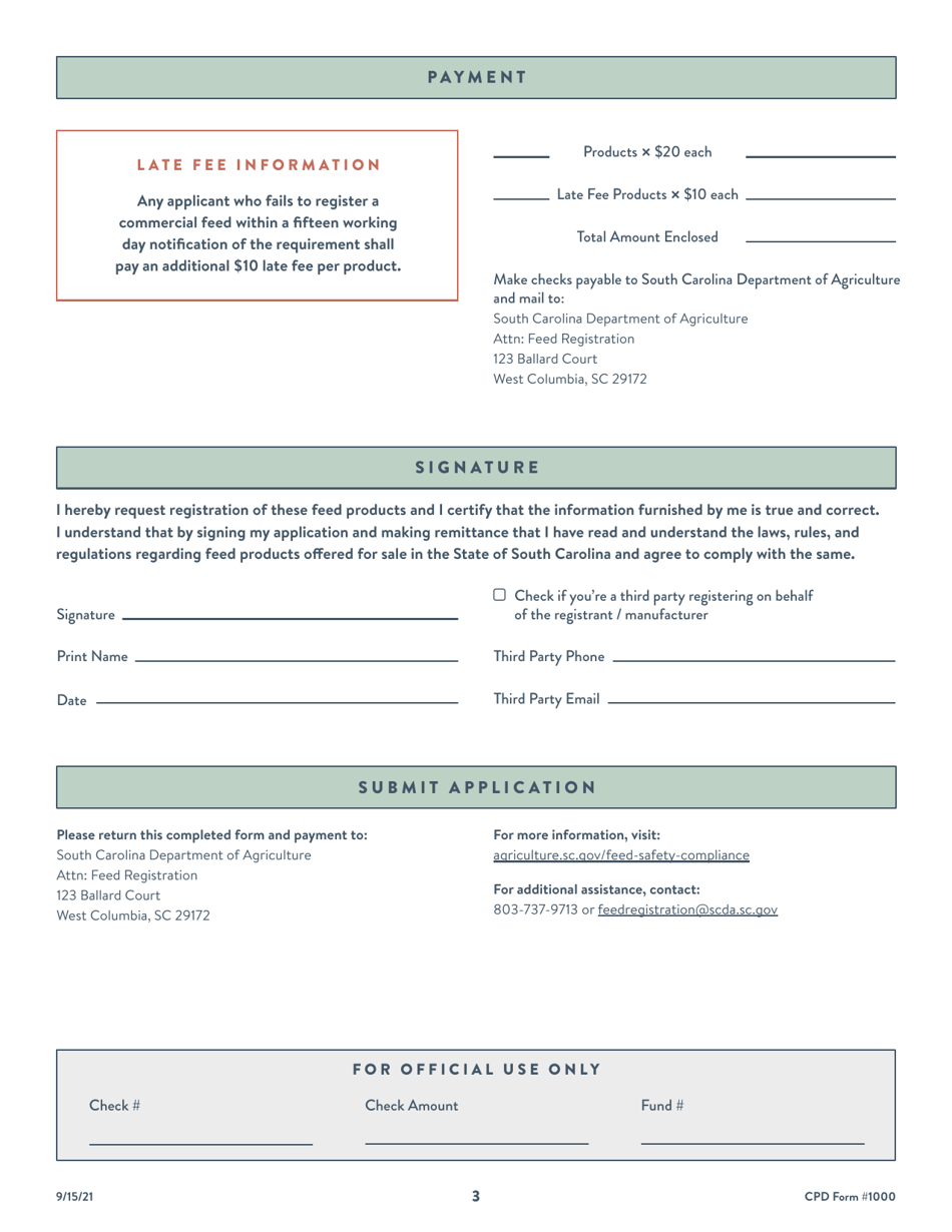 CPD Form 1000 South Carolina Feed Registration Application - South Carolina, Page 3