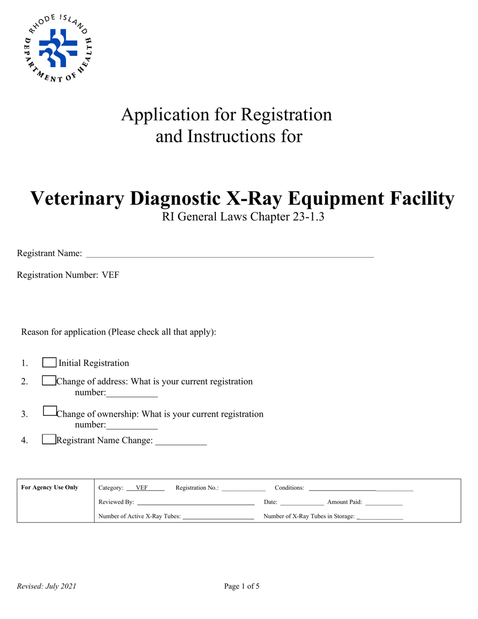 Application for Registration for Veterinary Diagnostic X-Ray Equipment Facility - Rhode Island, Page 1