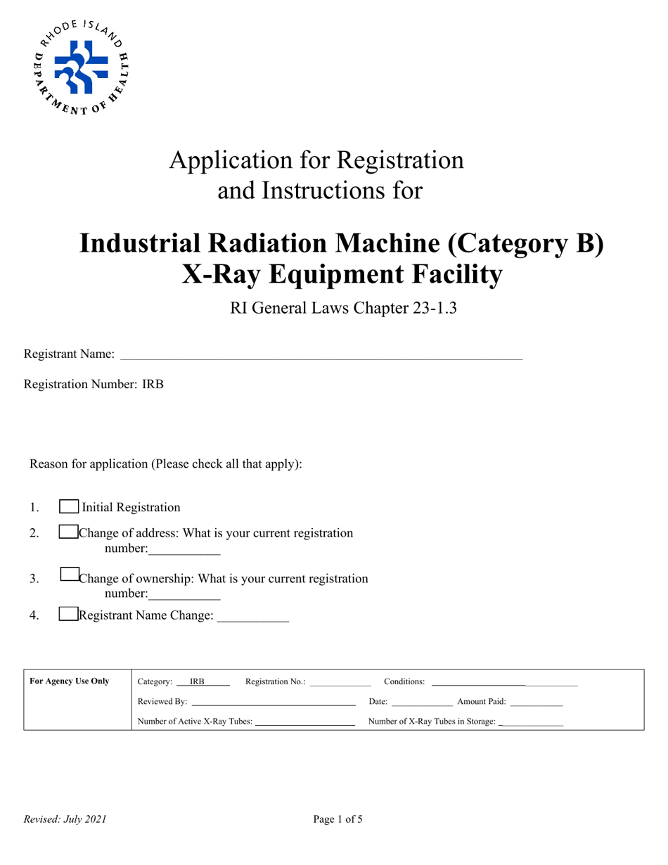 Application for Registration for Industrial Radiation Machine (Category B) X-Ray Equipment Facility - Rhode Island, Page 1