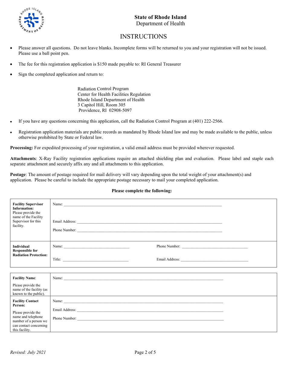 Application for Registration for Industrial Radiation Machine (Category B) X-Ray Equipment Facility - Rhode Island, Page 2