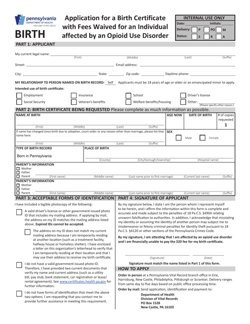 Form HD1106F-O Application for a Birth Certificate With Fees Waived for an Individual Affected by an Opioid Use Disorder - Pennsylvania
