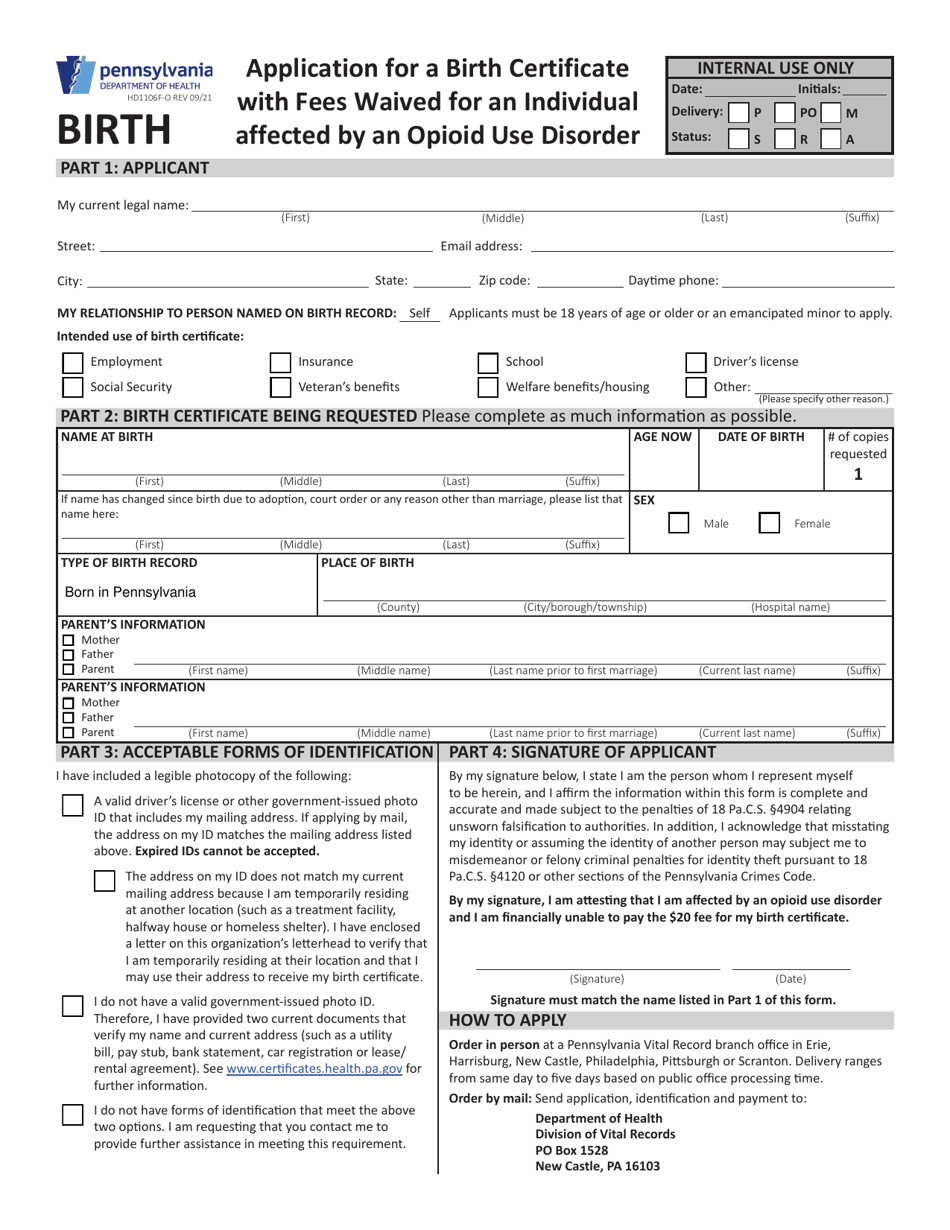Form HD1106F-O Application for a Birth Certificate With Fees Waived for an Individual Affected by an Opioid Use Disorder - Pennsylvania, Page 1