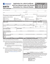 Document preview: Application for a Birth Certificate With Fees Waived Under the Disaster Declaration for a Natural Disaster - Pennsylvania
