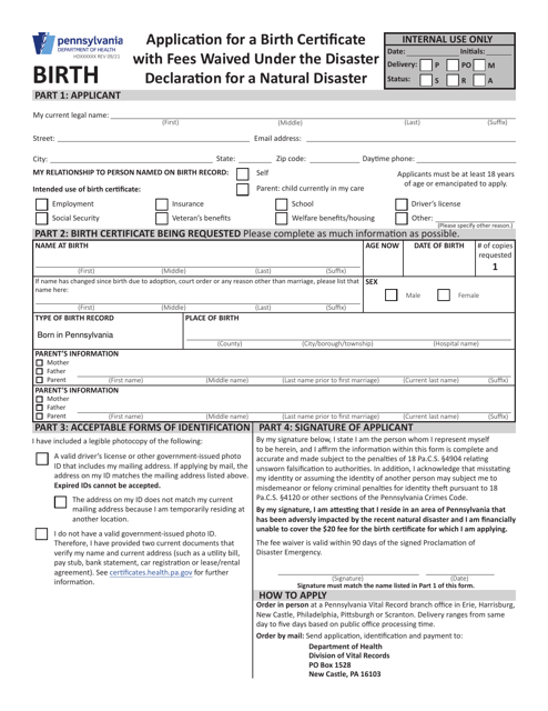 Application for a Birth Certificate With Fees Waived Under the Disaster Declaration for a Natural Disaster - Pennsylvania Download Pdf