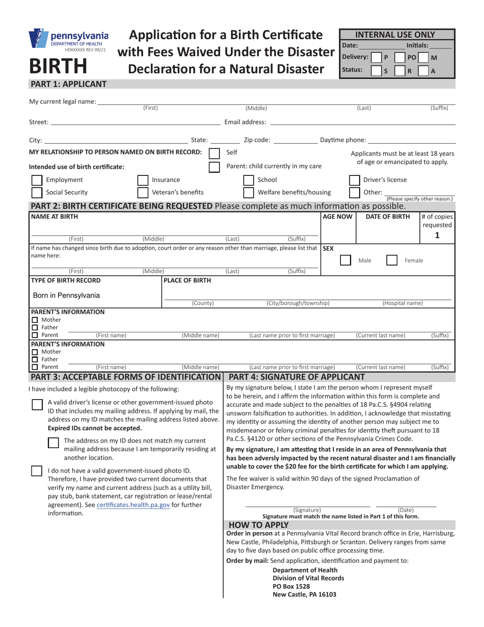 Application for a Birth Certificate With Fees Waived Under the Disaster Declaration for a Natural Disaster - Pennsylvania, Page 1