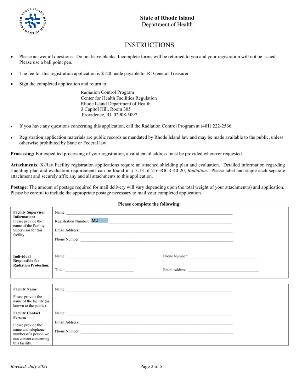 Application for Registration for Srf Diagnostic X-Ray Equipment Facility - Rhode Island, Page 2