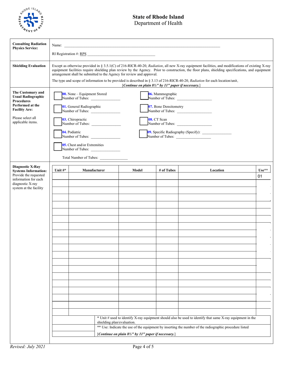 Application for Registration for Srf Diagnostic X-Ray Equipment Facility - Rhode Island, Page 4