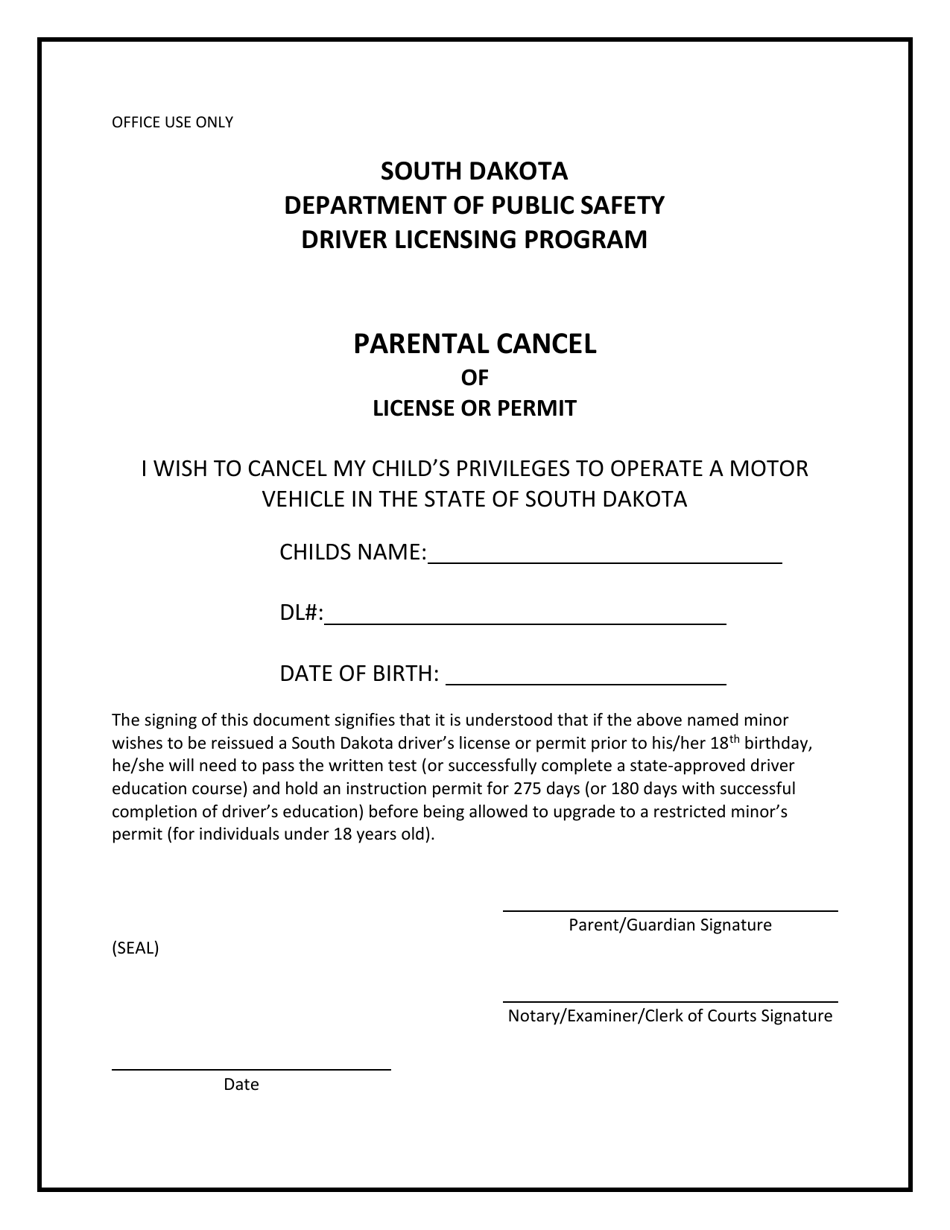 Parental Cancel of License or Permit - South Dakota, Page 1