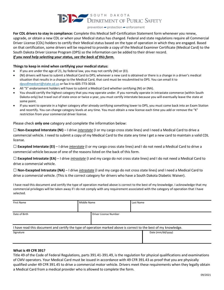 Medical Self-certification Statement - South Dakota, Page 1