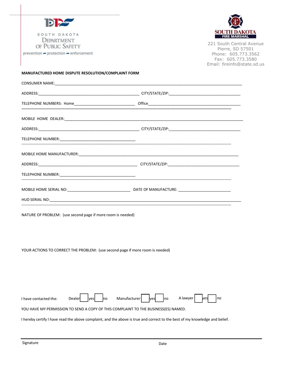Manufactured Home Dispute Resolution / Complaint Form - South Dakota, Page 1