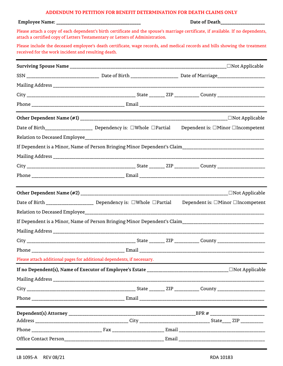 Form LB1095-A Addendum to Petition for Benefit Determination for Death Claims Only - Tennessee, Page 1
