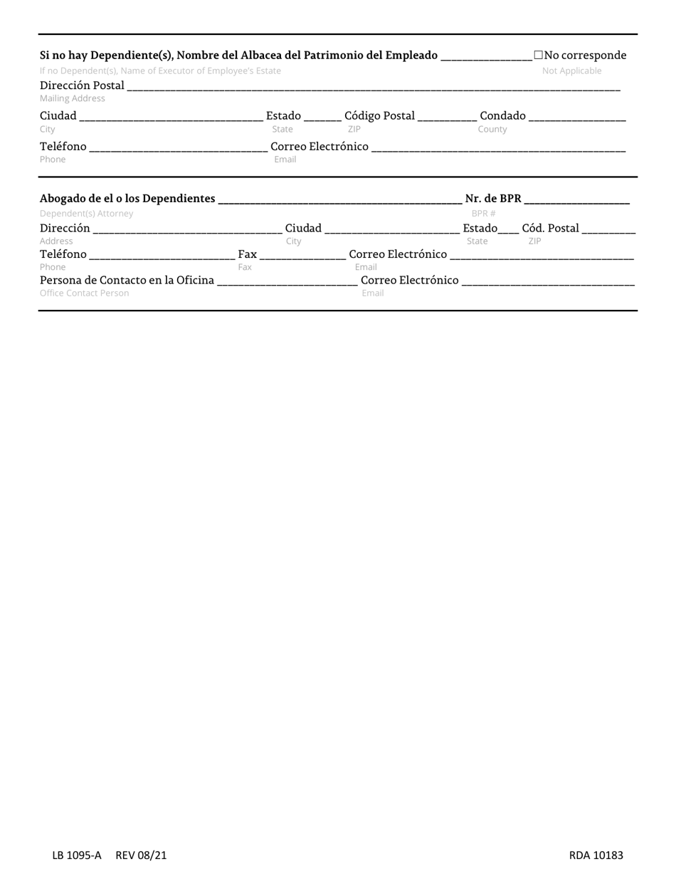 Formulario LB1095-A Adenda a La Solicitud Para Determinacion De Beneficios Por Reclamaciones Por Fallecimiento Solamente - Tennessee (Spanish), Page 2