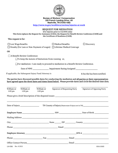 Form C-40 (LB-0381) Request for Mediation (For Injuries Prior to 7/1/2014 Only) - Tennessee