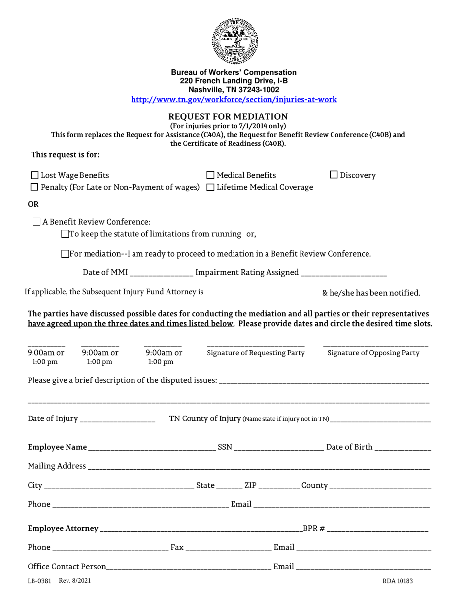 Form C-40 (LB-0381) Request for Mediation (For Injuries Prior to 7 / 1 / 2014 Only) - Tennessee, Page 1