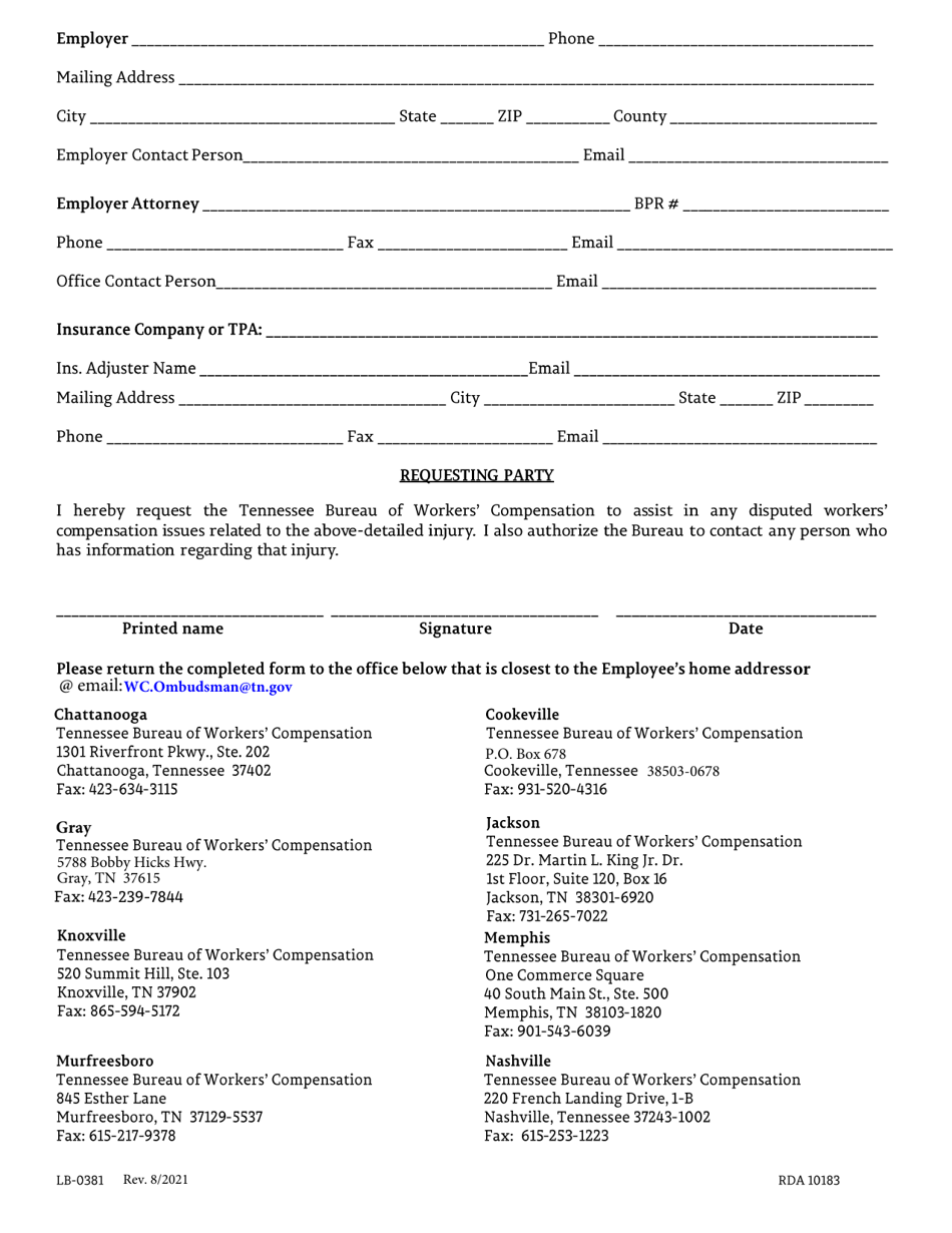 Form C-40 (LB-0381) Request for Mediation (For Injuries Prior to 7 / 1 / 2014 Only) - Tennessee, Page 2