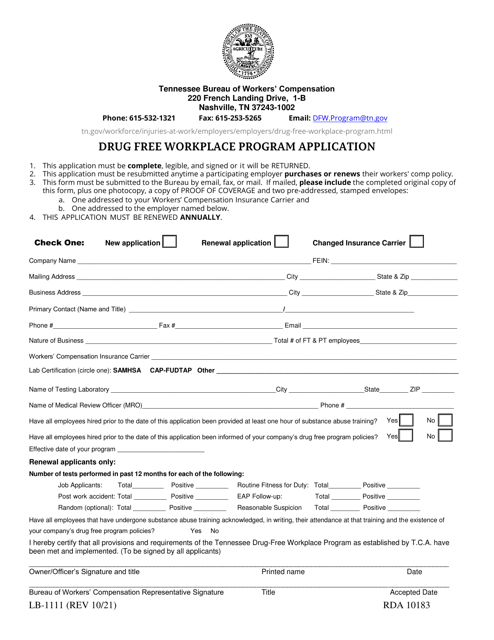Form LB-1111 Drug Free Workplace Program Application - Tennessee