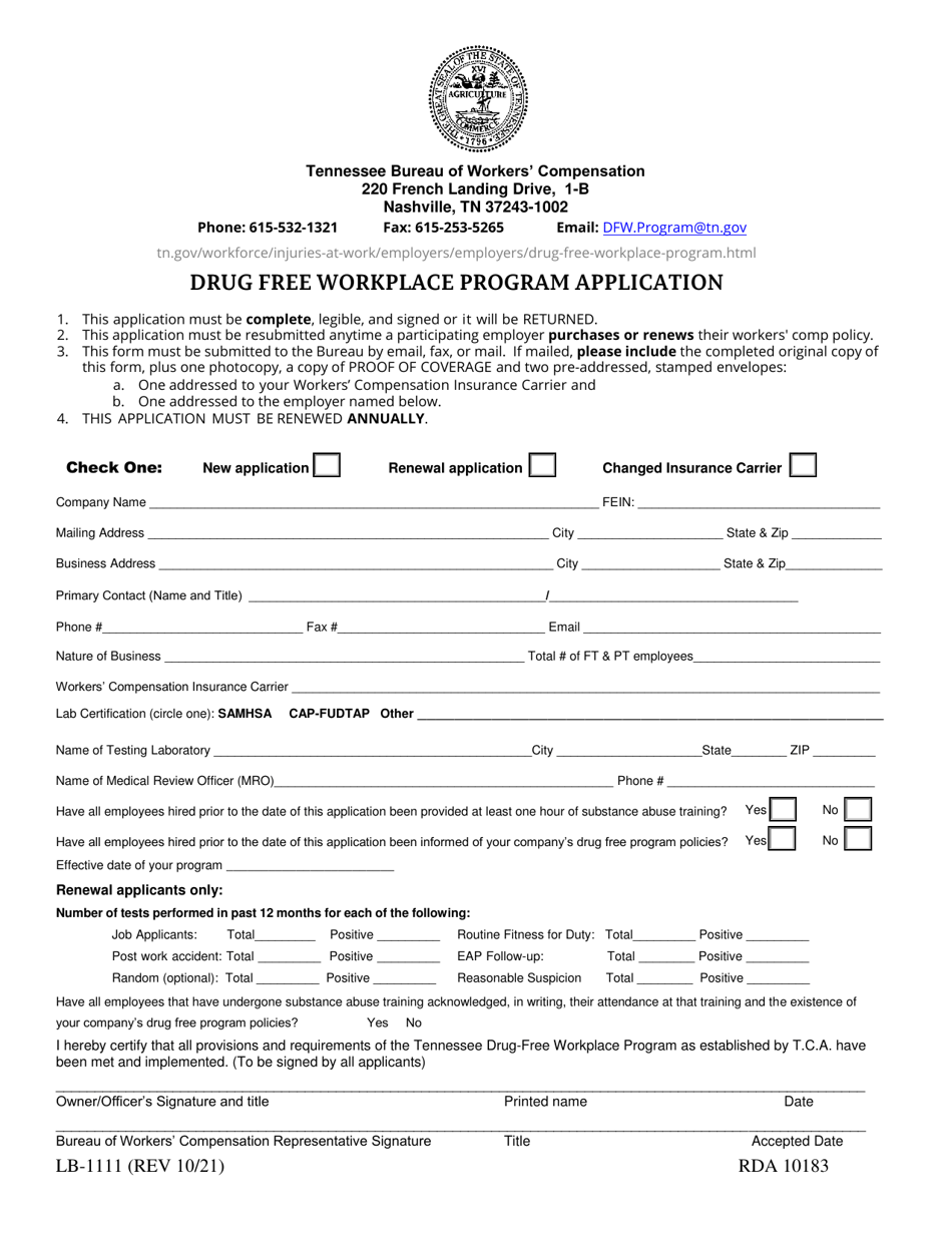 Form LB-1111 Drug Free Workplace Program Application - Tennessee, Page 1