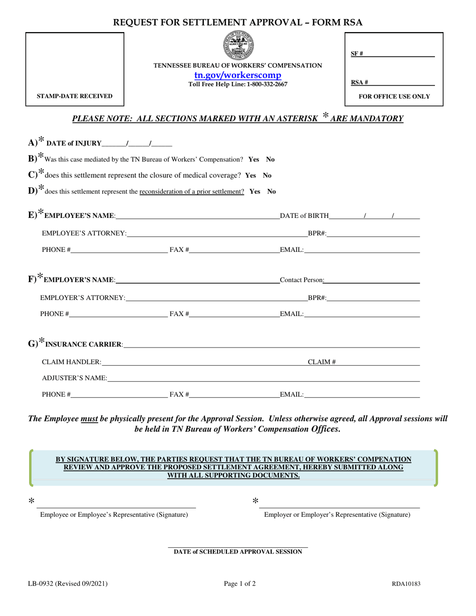 Form RSA (LB-0932) Request for Settlement Approval - Tennessee, Page 1