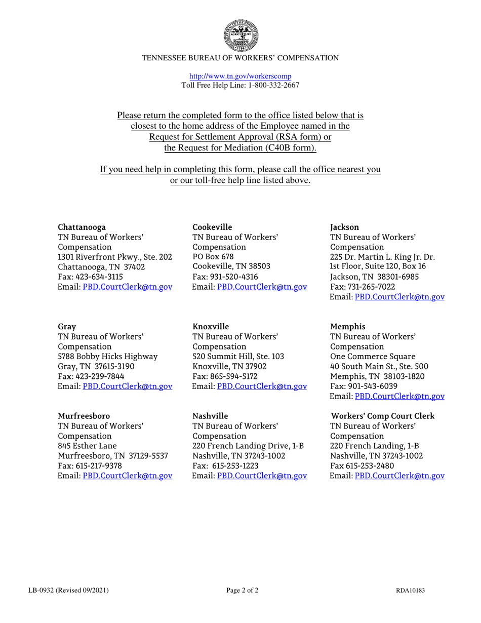 Form RSA (LB-0932) Request for Settlement Approval - Tennessee, Page 2