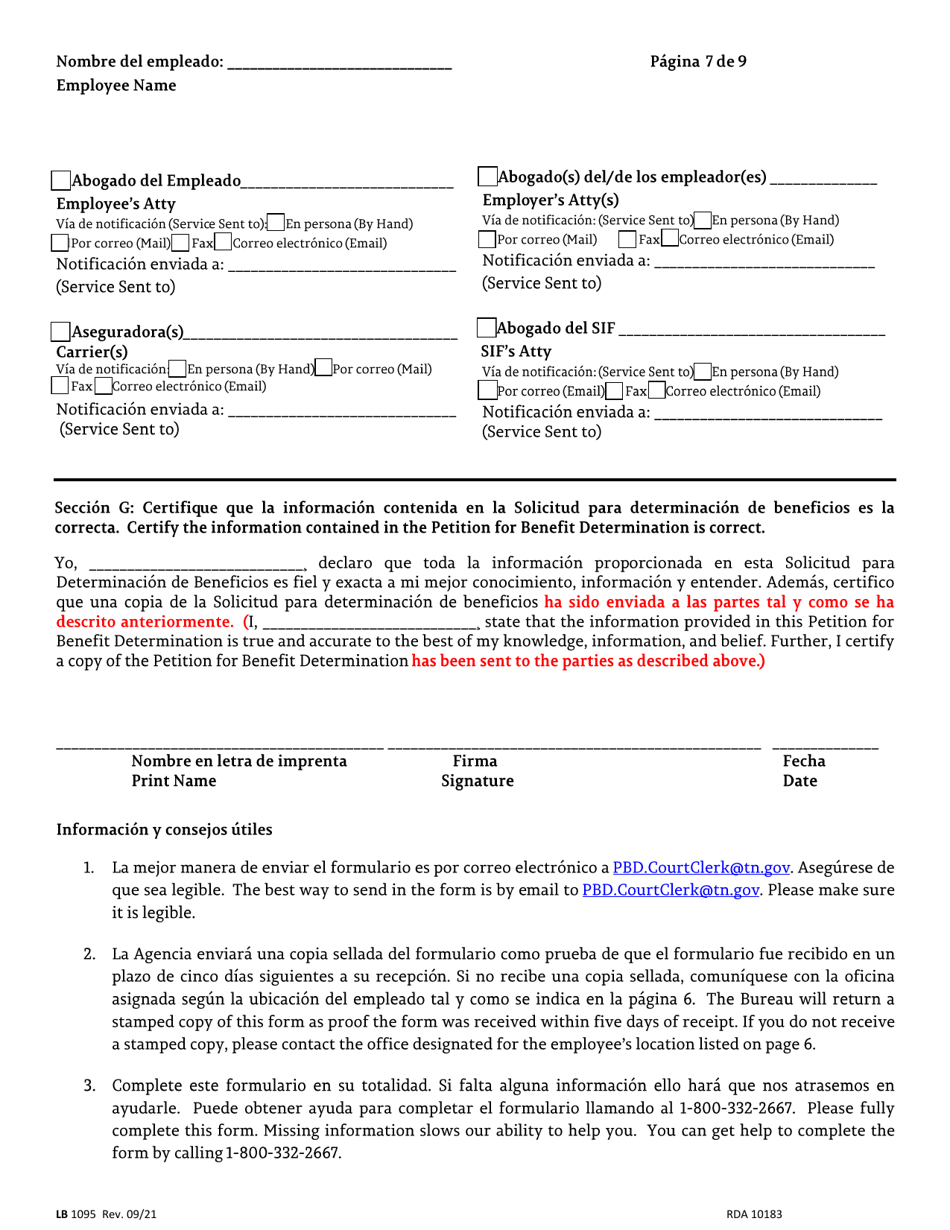 Form LB1095 Petition for Benefit Determination - Tennessee (English / Spanish), Page 7