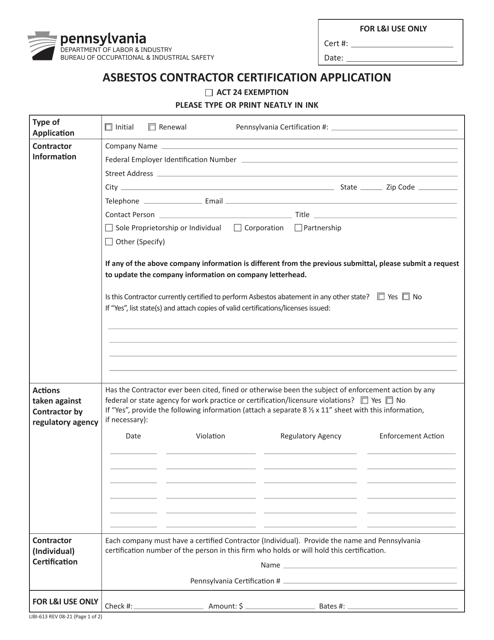 Form LIBI-613 Asbestos Contractor Certification Application - Pennsylvania